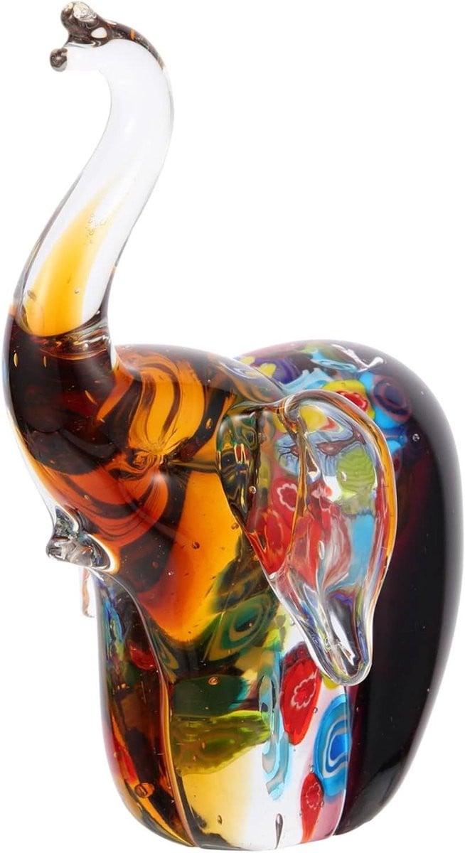 Handgeblazen Glazen Olifant Beeldje - Multicolor Decoratie Figuur - Hoogte: 15,5 cm