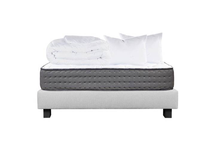 ZENITH - Pack Matelas + Sommier Tapissier Gris 160x200 cm + 2 Oreillers + 1 Couette
