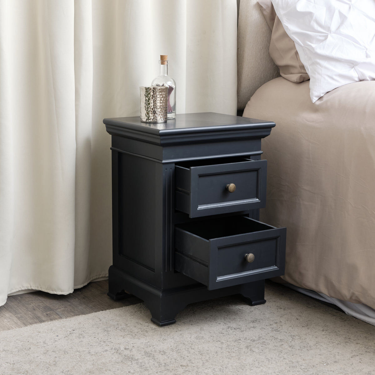 Navy Black Two Drawer Bedside Table - Daventry Navy Black Range Wood, Metal