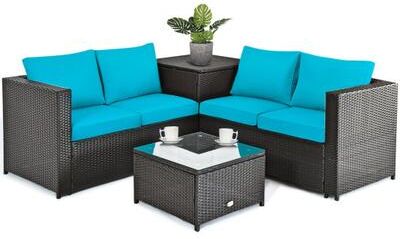 Costway 4 Pieces Outdoor Patio Rattan Furniture Set with Cushioned Loveseat and Storage Box-Turquoise
