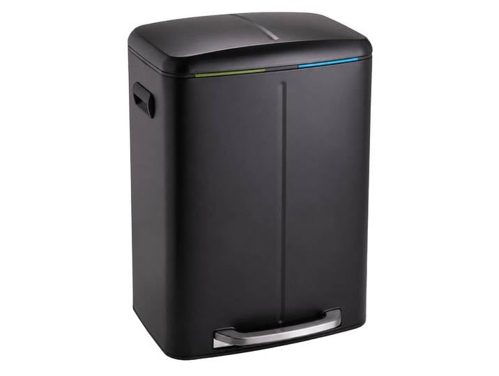 Relaxdays Mülleimer Schwarz 2-Fächer Edelstahl Softclose Fußpedal 2x20 l, Metall, Kunststoff, 45x60x42 cm, Badaccessoires, Abfalleimer