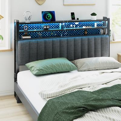 Adjustable Upholstered Headboard with 3 Tier Shelves with Charging Stations and LED Lights, Modern Bed Headboard with Storage