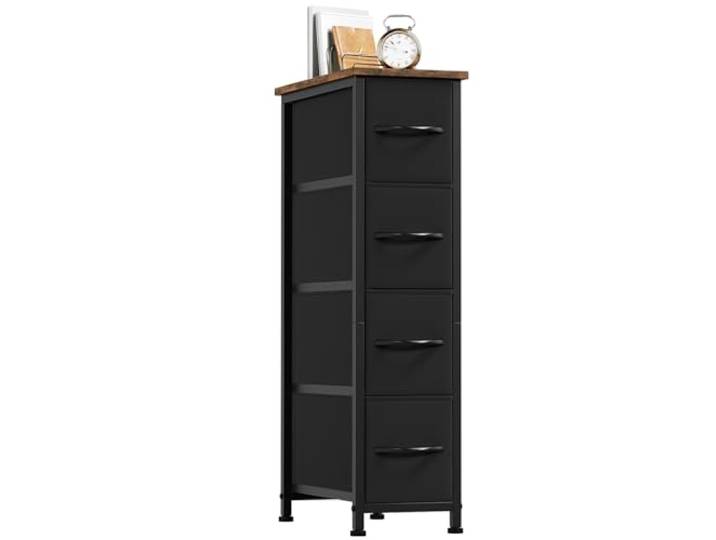 Somdot Schmale Kommode, Schlafzimmer, 4 Kleine Schubladen, Schwarz Braun Komodenschrank, Stoffkommode, Wohnzimmer, mit Stoffschubladen, Metallrahmen, Holzwerkstoffplatte, 48T x 20B x 75H cm
