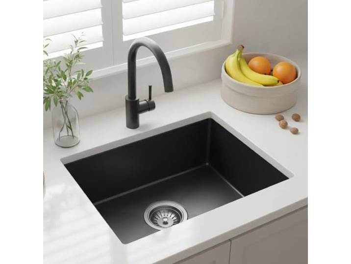 Schwarze 304 Edelstahl Unterbauspüle, Küchenspüle Einzelbecken 20CM Tief mit Ablaufgarnitur, Nano Spülbecken Gunmetal mit X-Drainage & Geräuschdämmung (38 * 30 cm)