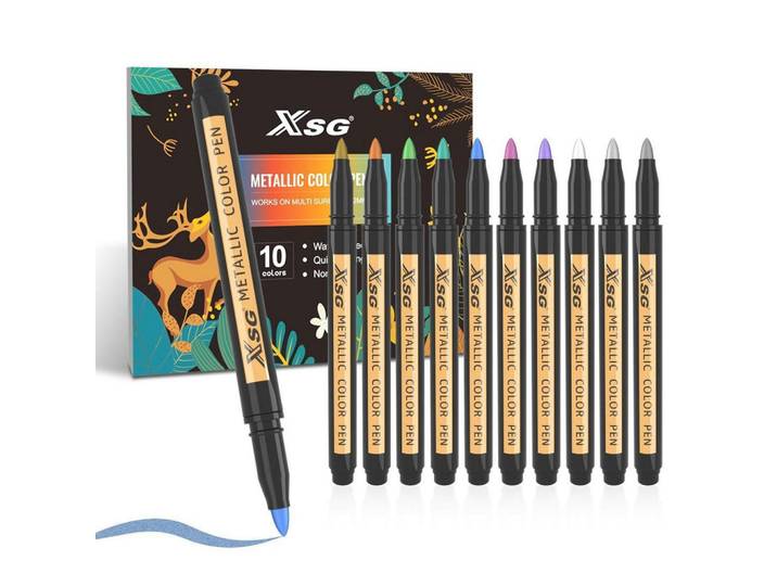 Marker Stifte Set 10 Farben Metallic 2mm Spitze, Mehrfarbig, Kunststoff, 1x1x12.8 cm, Dekoration, Malbedarf & Bastelbedarf