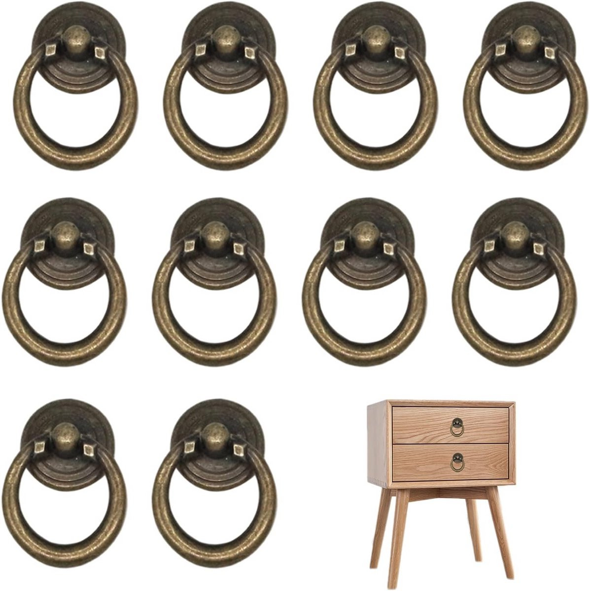 Set van 10 bronzen vintage ringknoppen voor laden, keukenkasten en meubels