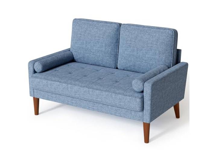 Sofa 2-Sitzer, Kleines Sofa aus Leinenimitat, Blau, 121*77*87 cm Kleines Sofa für kleine Räume, Mid-Century-Modern-2-Sitzer, einfach zu montierendes Sofa für Wohnzimmer und Schlafzimmer