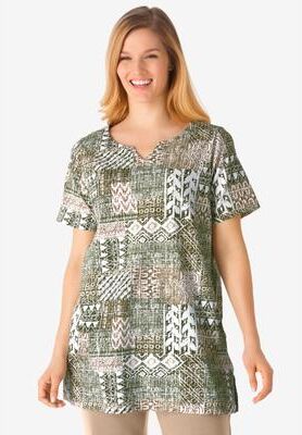 Plus Size Women's 7-Day Notch-Neck Tunic by Woman Within in Olive Green Geo Patchwork (Size 26/28)
