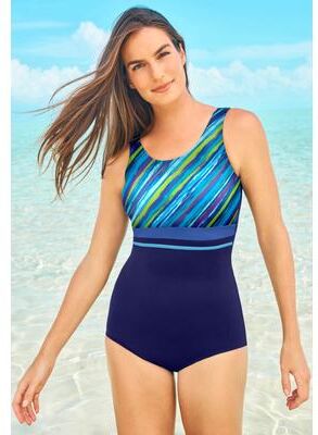 Plus Size Women's Empire-Waist Swimsuit with Molded Bra by Swim 365 in Blue Green Stripe (Size 16)