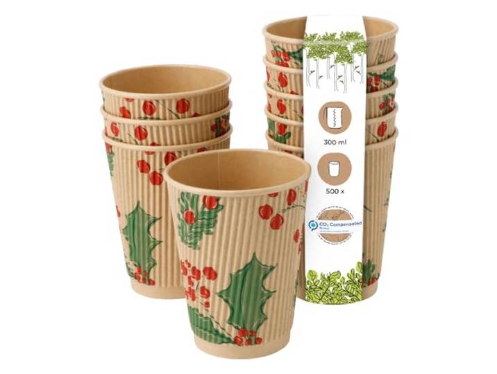 BIOZOYG 500 Stück braune Riffelbecher/Kaffeebecher Pappbecher Wintermotiv 'Zweige' 300ml / 12 oz - umweltfreundlich recycelbar & ungebleicht - Kaffeebecher to go