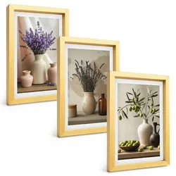 BILDER SET 3er Set - 20x30 cm Goldrahmen - Lavendelblüten, Oliven, Gefäße