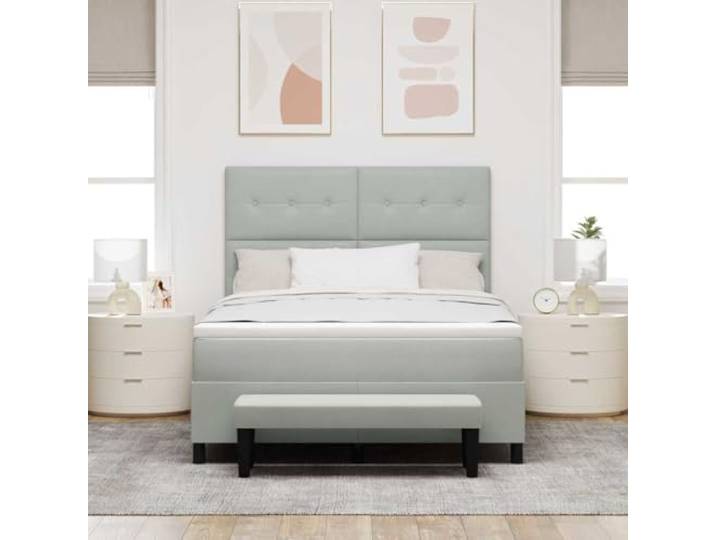 KTHLBRH Boxspringbett mit Kopfteil hellgrau 190x140 cm Samt Engineered Holzgestell, mittelfeste Schaumstoff-Matratze, modernes Design