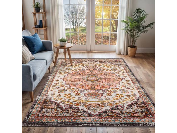 LIVABLISS Tapis de Salon à Poils Courts Doux Vintage Oriental CELIA 160x213cm Rose/Blanc