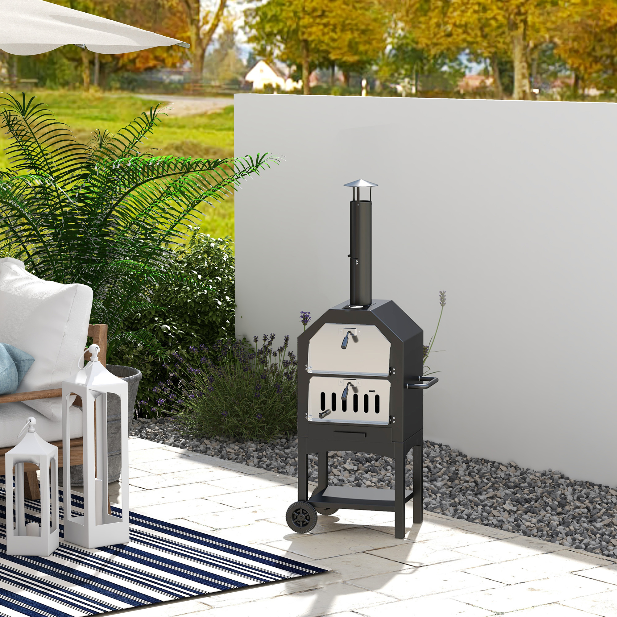 Outsunny Forno per Pizza Barbecue a Carbonella, BBQ da Esterni/Giardino in Acciaio Inox con Termometro, 50x36x160cm Aosom