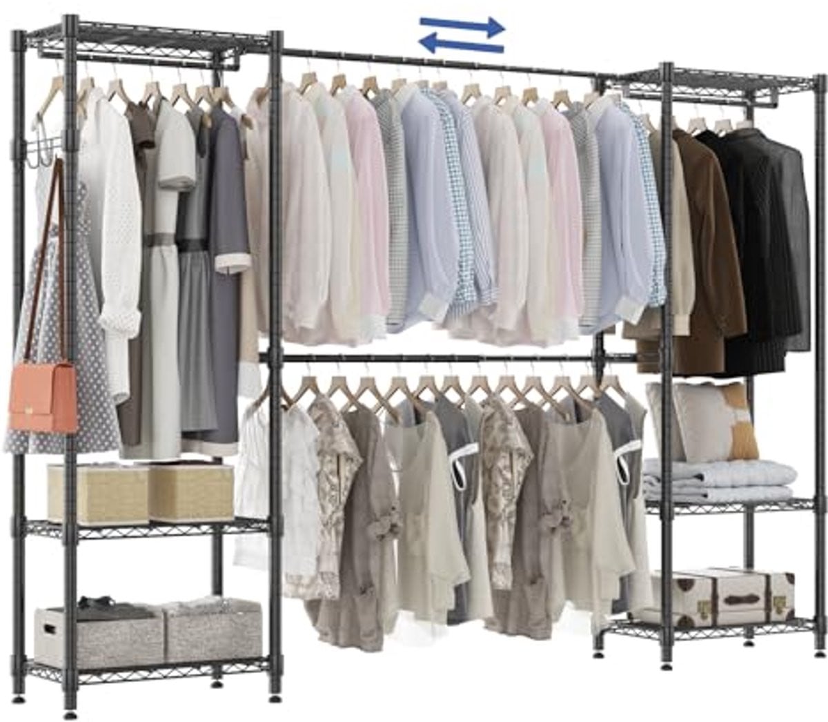Multifunctioneel zwart telescoop kledingrek met verstelbare planken en kledingstangen
