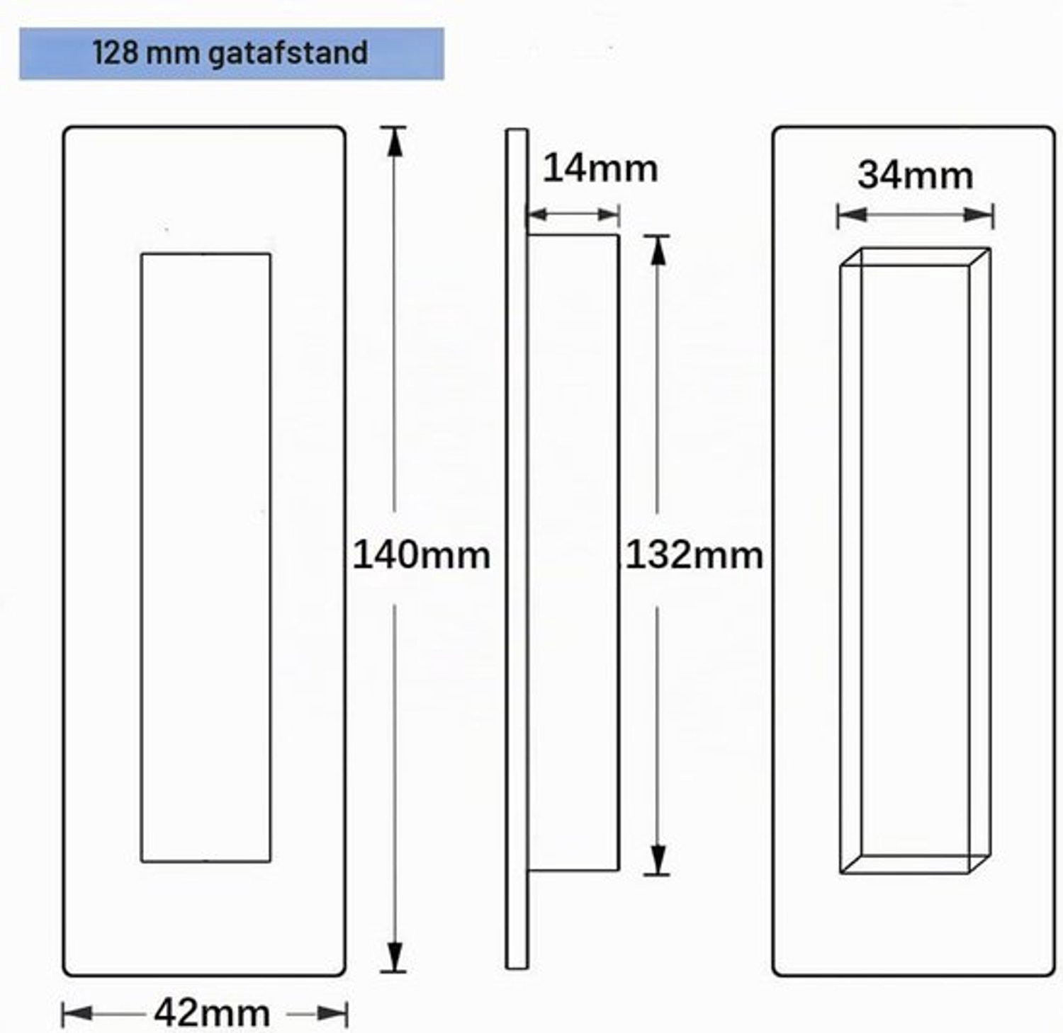 Set van 4 zwarte verzonken schuifdeurgrepen voor meubels, 140 x 42 mm