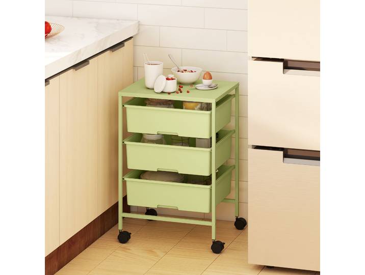 HOMCOM Chariot Cuisine 4 Niveaux Vert avec Roulettes et Paniers