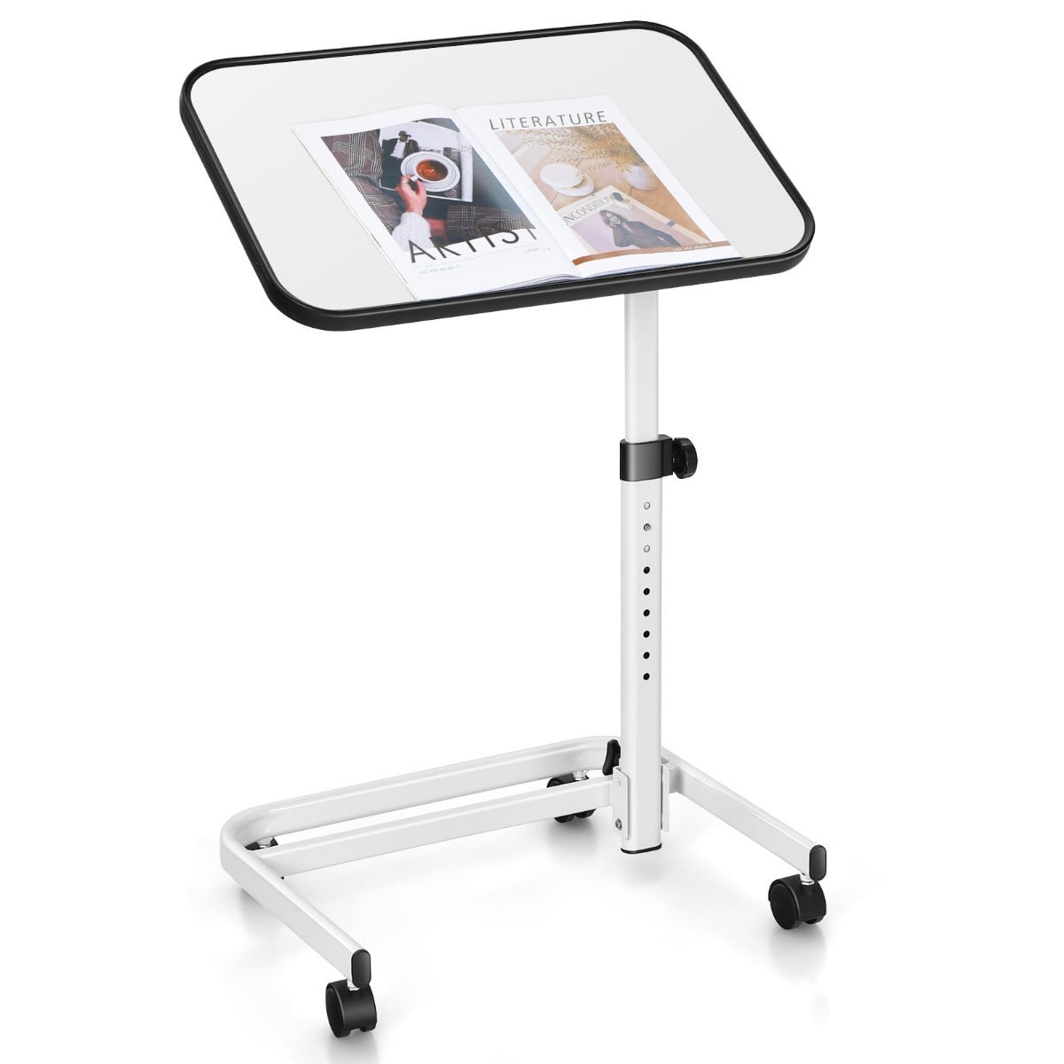 Costway Overbedtafel met Vergrendelbare Universele Wielen, Draagbare Laptoptafel met 9-Traps Hoogteverstelling en Kantelbare Plaat