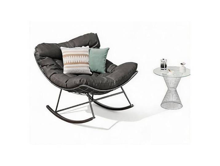 Fauteuil à bascule Papasan œuf extérieur - Chaise lounge XXL - Coussin épais - Cadre métal 175kg - Noir+gris