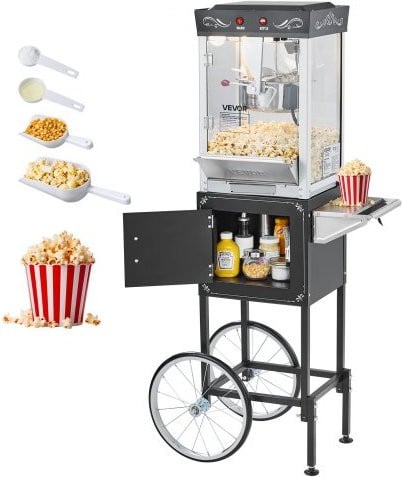 VEVOR Popcornmachine met kar en waterkoker, 800W commerciële popcornmachine, zwart