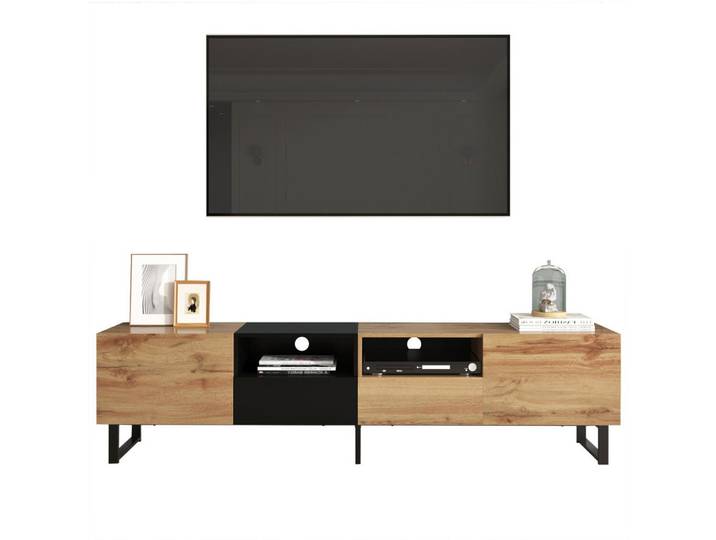 Flieks Tv-Ständer Modern Schwarz & Holzfarbe geräumiger Stauraum robust, Braun, 43.5x23x61.5 cm, Wohnzimmer, TV Möbel, Lowboards, Lowboards stehend