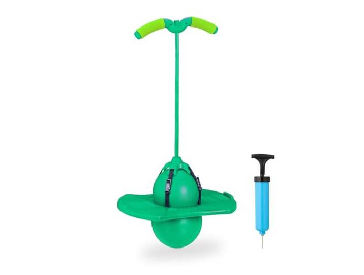 Relaxdays Pogo Ball pour Enfants\, jusqu'à 100 kg\, Jouet d'extérieur\, Vert balle avec poignées\, 74 x 39 x 29 cm