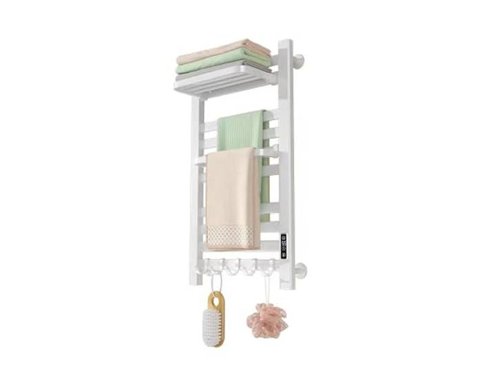 Könighaus Badheizkörper 180 W - Handtuchwärmer - Weiß Hygienetrockner, rostfreies Aluminium, 5 Haken, klappbarer Bügel, Digitalanzeige