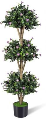 "Costway 51"" Artificial Triple Ball Boxwood Topiary Tree with 59 Blossoms-Purple"