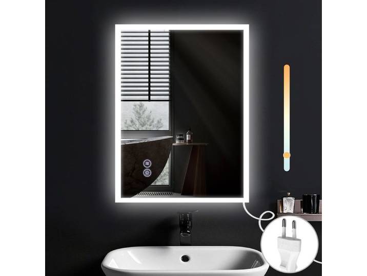 Miroir de salle de bain - NETTLIFE - 60x80 cm - Éclairage LED - Verre antidéflagrant - Style scandinave