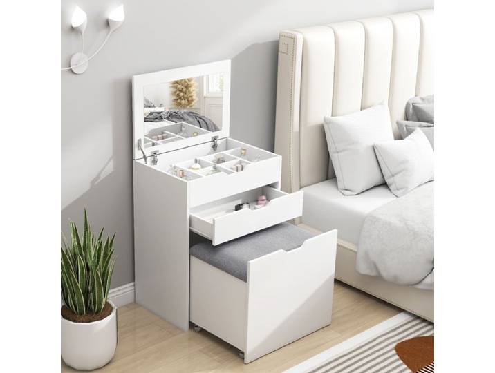 Coiffeuse - Bois - Miroir escamotable - 1 tiroir - Tabouret rembourré avec rangement