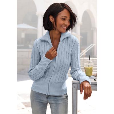 Strickjacke LASCANA "mit Zopfstrickmuster und Reißverschluss", Damen, Gr. 40/42, blau (hellblau), Strick, Obermaterial: 50% Baumwolle, 50% Polyacryl, unifarben, figurumspielend hüftlang, Strickjacken Strickjacke, gemütlicher Cardigan, figurbetonte...