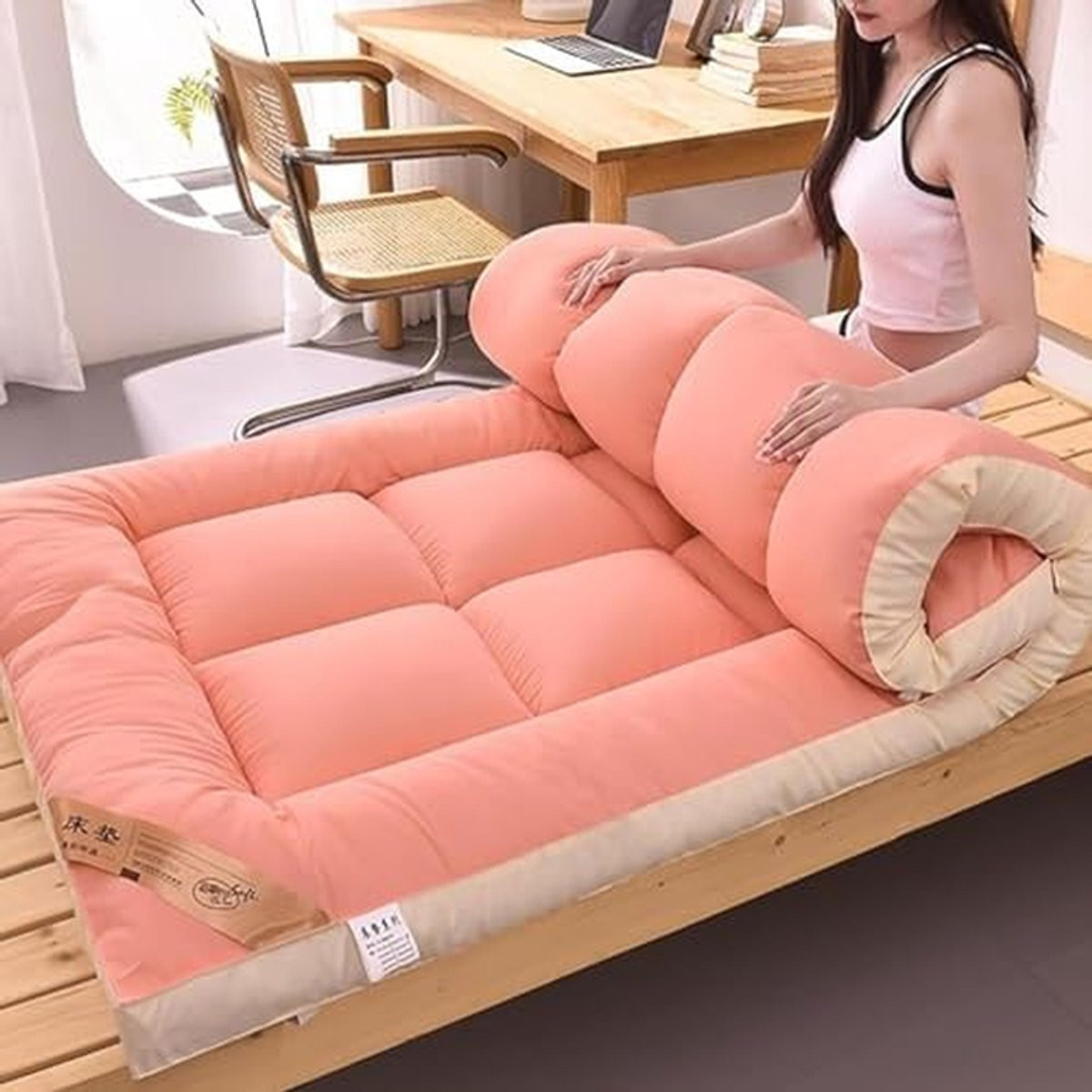 Opvouwbare Futon Topper Wit - Extra Gewatteerde Dikke Slaapmat - 90 x 200 cm