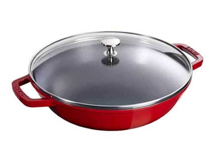 STAUB Wok aus Gusseisen mit Glasdeckel, 30 cm, Innen emailliert, Für alle Herdarten und Induktion, Kirsch-Rot