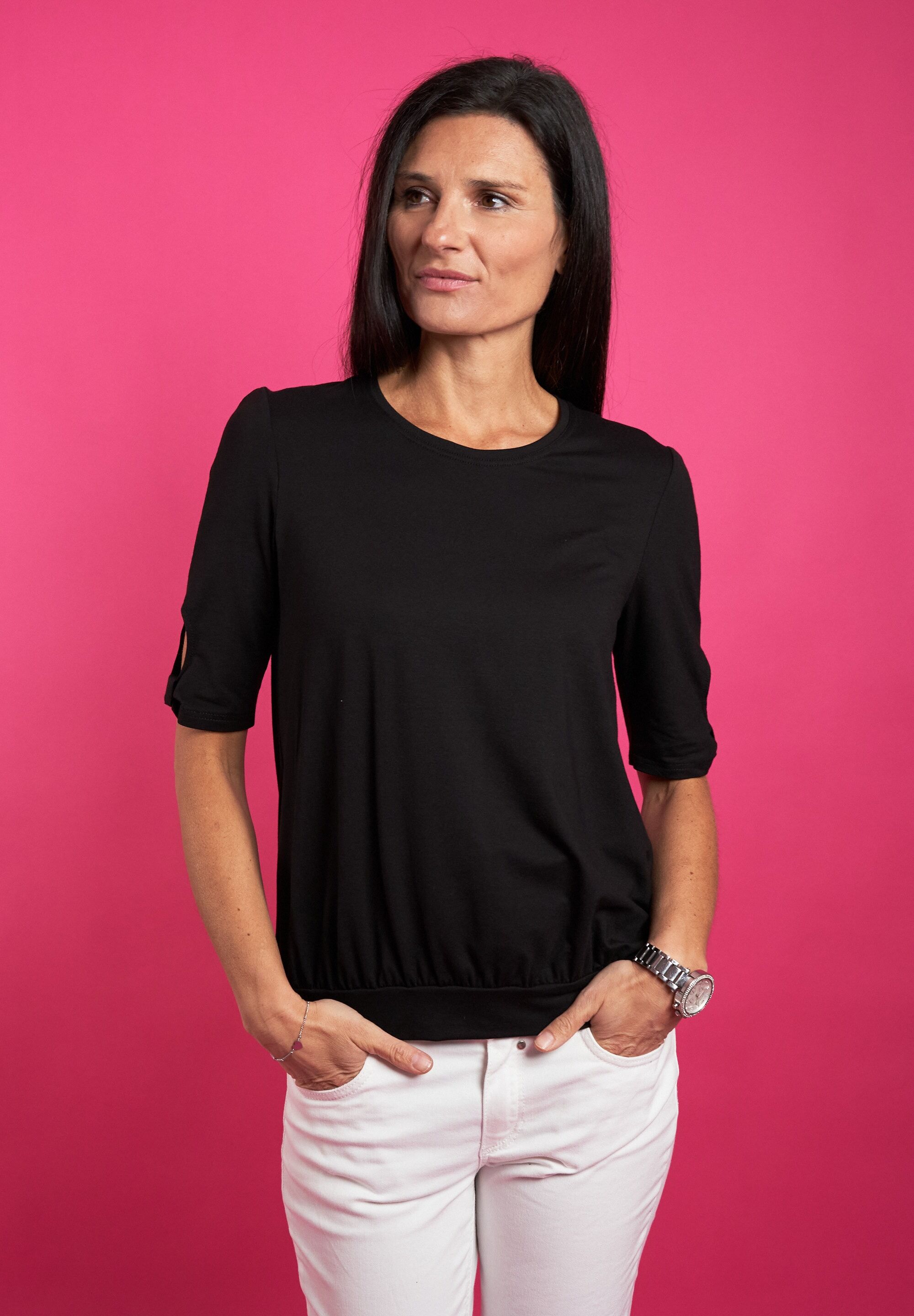 Rundhalsshirt SEIDEL MODEN, Damen, Gr. 40, schwarz (schwarz,99), Jersey, Obermaterial: 95% Viskose, 5% Elasthan, Rundhals, mit Cut Outs, Shirts Rundhalsshirt, mit Cut-Out Details, MADE IN GERMANY schwarz,99 40