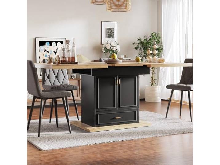 Merax Ausziehbarer Esstisch 110–140 cm, Küchentisch aus Holz für 4–6 Personen, Esstisch mit Stauraum, Schwarz & Holzton