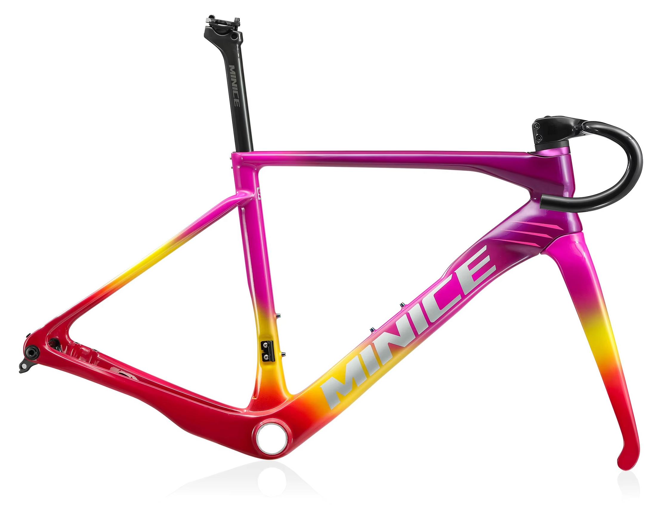 Rennrad-Rahmenset - RF035 - Aerodynamischer Carbonrahmen - Scheibenbremsen - Reifenfreiheit bis 700x32C - BSA-Innenlager, interne Kabelführung - XS - Regenbogenfarben