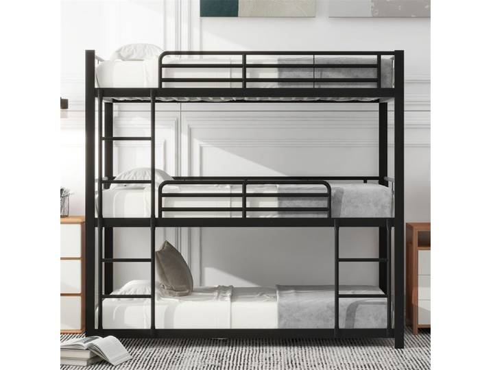 DRIPEX Lit superposé triple en fer 90x200cm Cadre de lit en fer pour enfants adolescents et adultes Noir