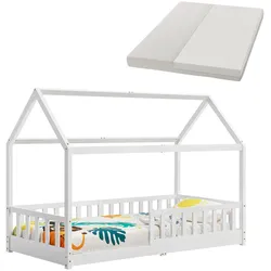 Juskys Kinderbett Marli 90 x 200 cm mit Matratze, Gitter, Lattenrost & Dach - Bett Weiß