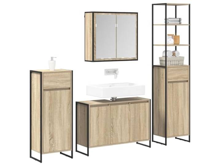 KTHLBRH Badezimmermöbel-Set Eiche Sonoma Holz mehrschichtig 7 Türen, 15 Einlegeböden, 1 Schublade, flacher Spiegel, Stahl, 78,2 kg