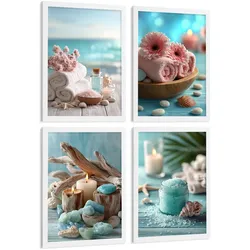 POSTER 4er-Set Badezimmer-Wandposter, Strand-Spa-Poster für Waschbecken, Dusche, WC mit Muscheln, Kerzen, Handtüchern und Meersalz Weißer Rahmen A3