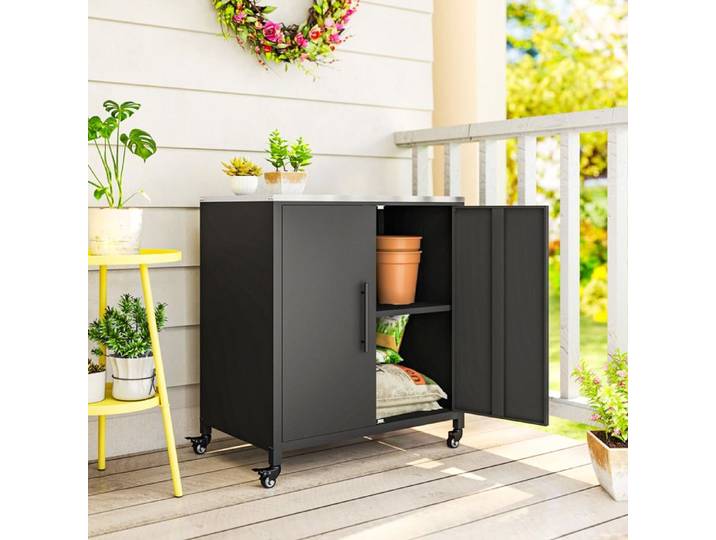 Armoire de jardin en Métal Armoire de Rangement Extérieur Toit en Acier Inoxydable et Roulettes Noir