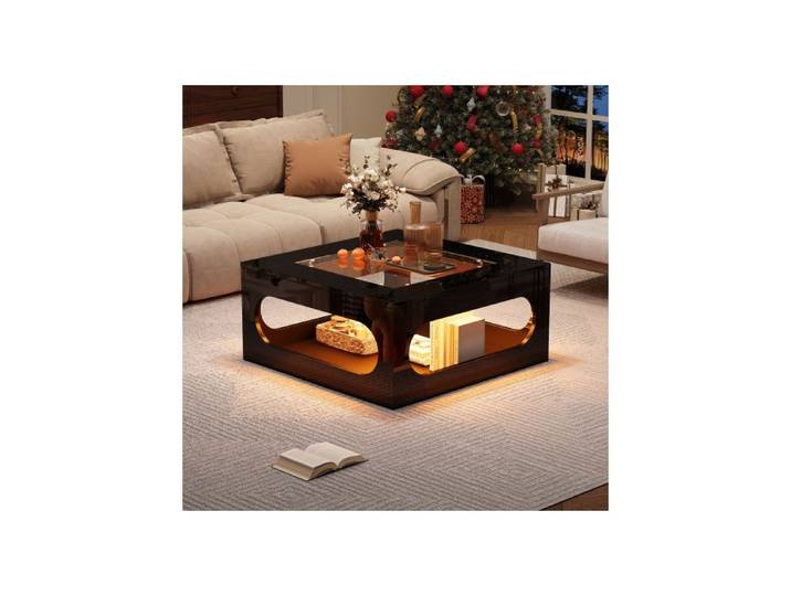 ®TONLRGY Table de salon carrée 70*70*35 cm table basse creuse au milieu plateau en verre trempé noir