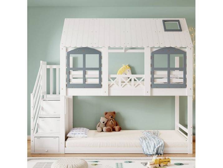 XDeer Kinderbett Etagenbett mit Dach und Fenster Fallschutzgitter Doppelbett, Kinderbett Hausbett Jugendbett Kiefer+MDF 90x200cm Weiß+Grau
