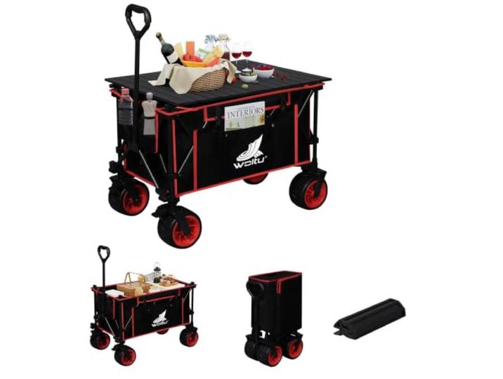 WOLTU Bollerwagen faltbar mit aufrollbarer Tischplatte, Schwarz+Rot Handwagen 200 kg belastbar Strandwagen mit Bremsen, Transportwagen für alle Gelände, Gartenwagen Campingwagen