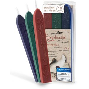 gravurART Siegellack 0527, bordeaux rot, dunkelblau, dunkelgrün, mit Docht, 40g, flexibel, 3 Stangen