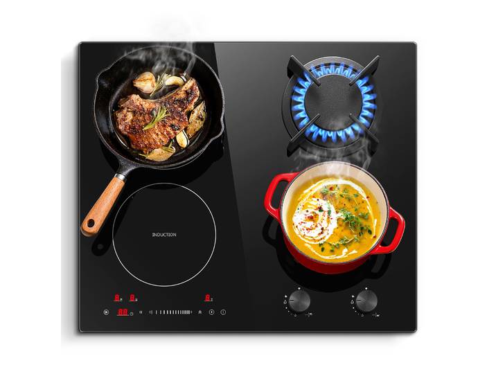 Plaque De Cuisson Mixte Gaz Induction 4 Foyers 59cm\, 7500w Totale\,sécurité Enfant\, Verre Céramique Noir