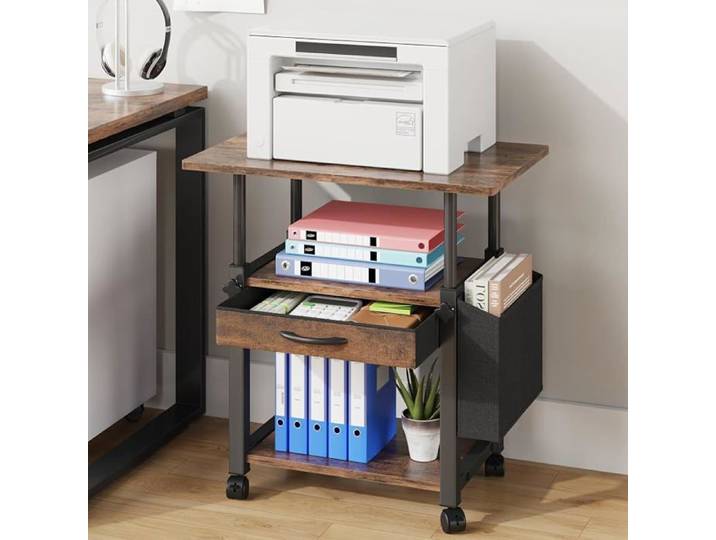 Meuble Imprimante 3 Niveaux Support Bureau avec Roulettes Brun Rustique Meuble pour Imprimante 56x38 cm Meuble Imprimante