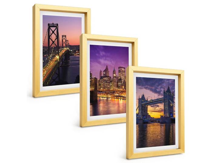 BILDER SET 3er Set - 20x30 cm Goldrahmen - Brücken, Sonne, Stadtblick