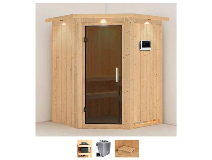 Sauna KARIBU Larin , beige (naturbelassen), Bio-Kombiofen, externe Steuerung, 9 kW, Saunen, Sauna, 9 KW-Bio-Ofen mit externer Steuerung