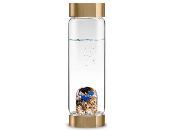VitaJuwel ViA HERO Wasserflasche mit 24k Gold · Tigerauge · Lapislazuli · Rutilquarz · Schwarzer Turmalin · Bergkristall Mut · Stärke · Entschlossenheit